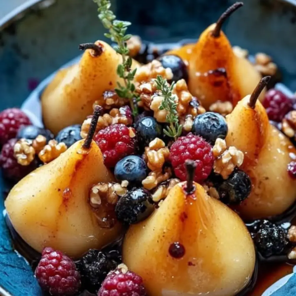 Caramelized Pear Halves with Blue Cheese, Berries, and Honey Drizzle