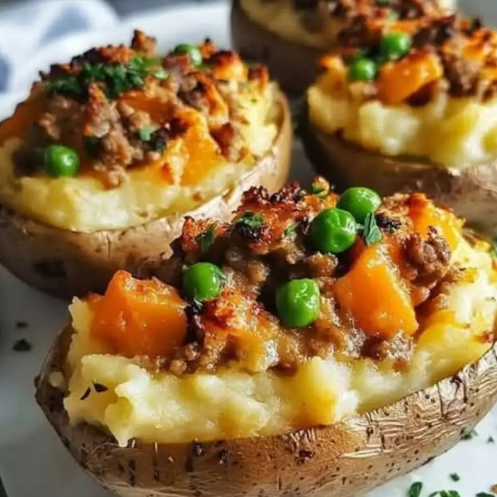 Stuffed Baked Potatoes with Meat, Carrots, and Peas
