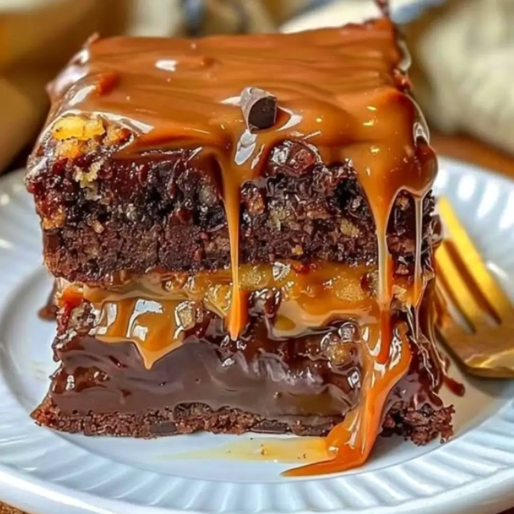 Gooey Chocolate Caramel Turtle Cake Bars