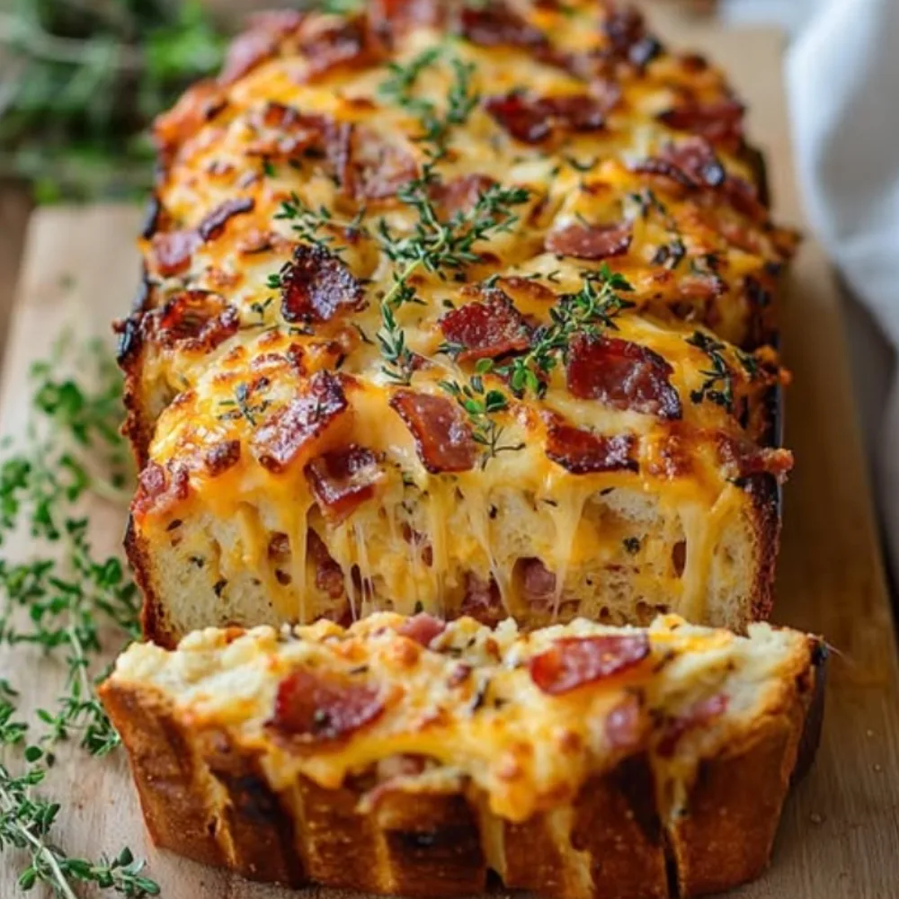 Cheddar Bacon Pizza Loaf with Layers of Melty Cheese