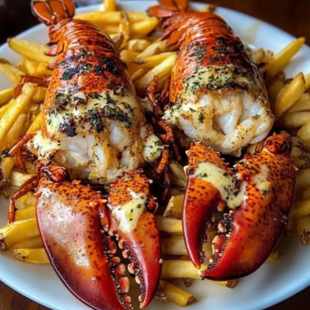 Grilled Lobster Tails with Crispy Fries & Creamy Sauce
