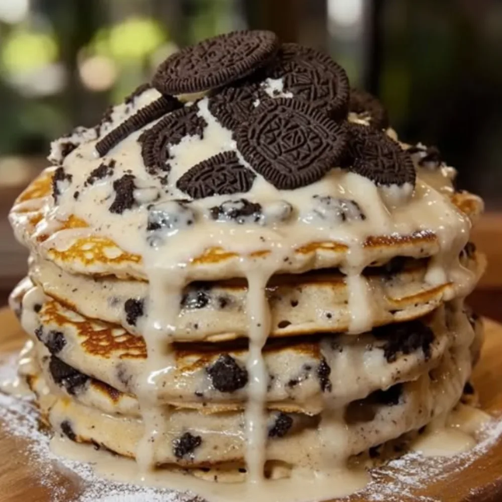 Oreo Pancakes with Cream Cheese Drizzle