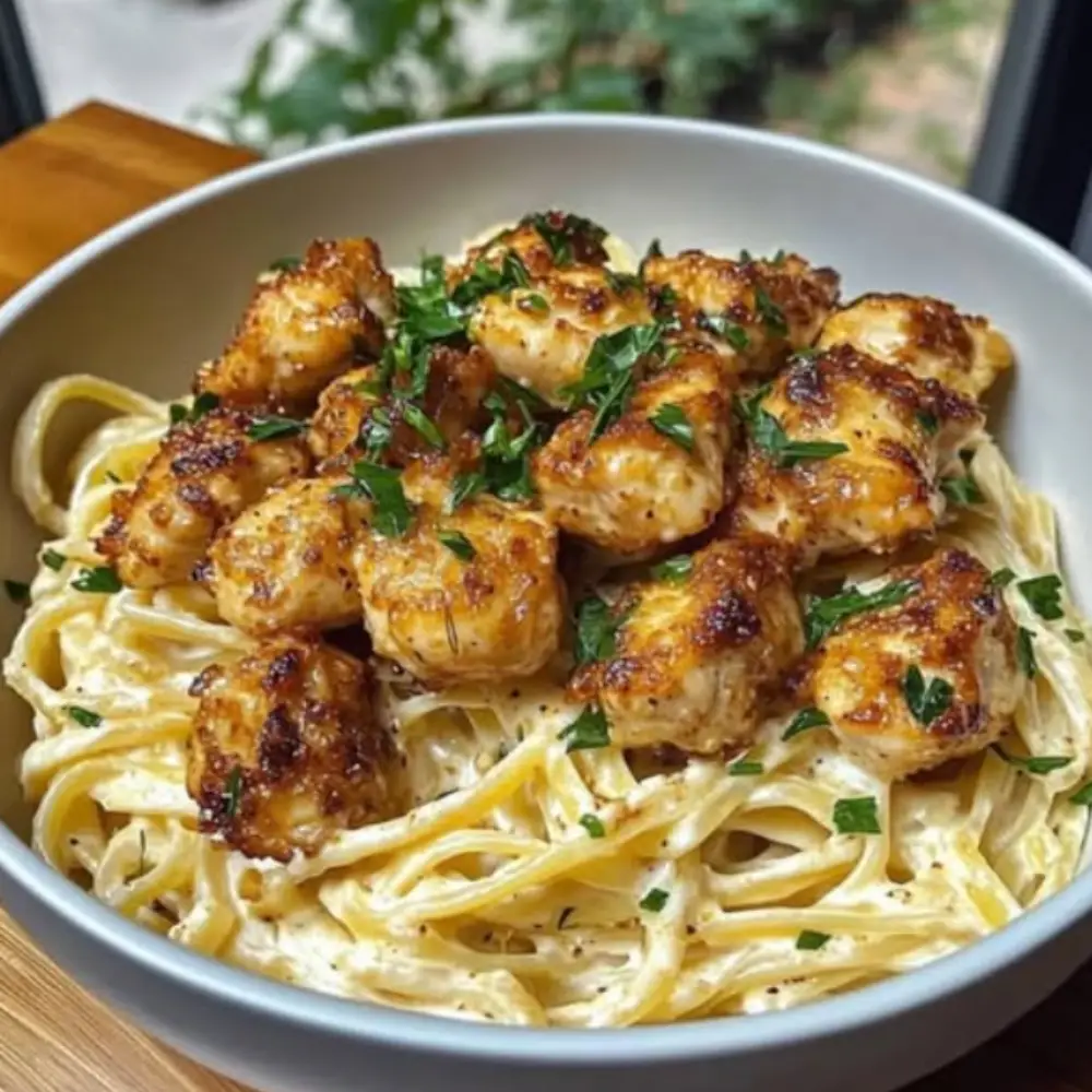 Creamy Parmesan Linguine with Lemon Garlic Chicken Bites