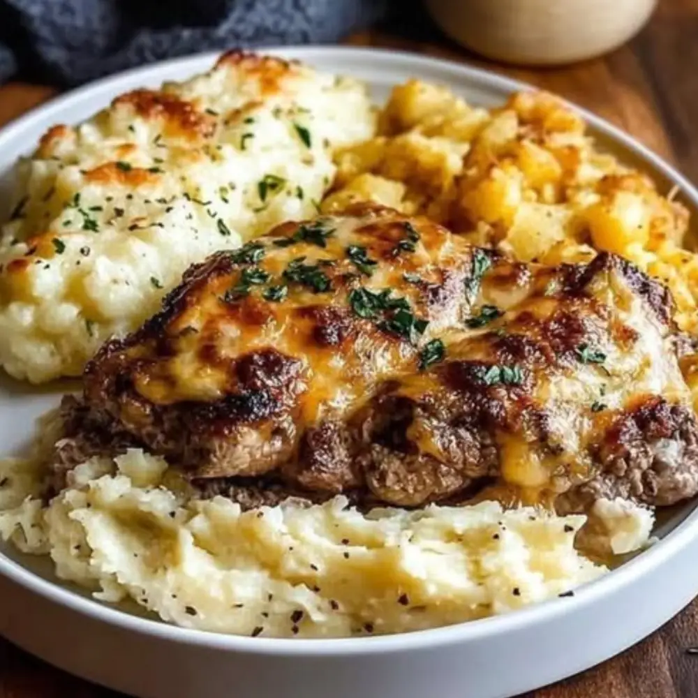 Cheesy Garlic Parmesan Chicken & Steak Bake with Creamy Mashed Potatoes