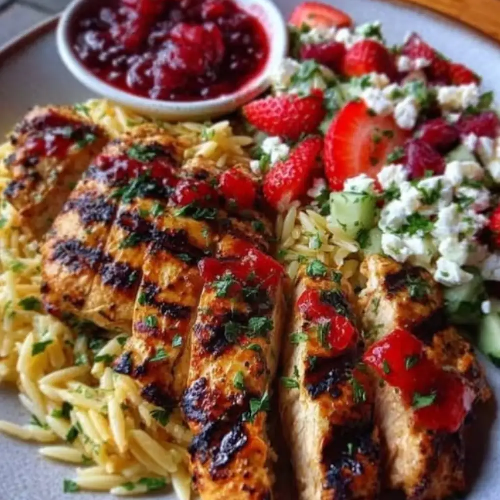 Grilled Chicken with Strawberry Cranberry Reduction & Feta Orzo Salad
