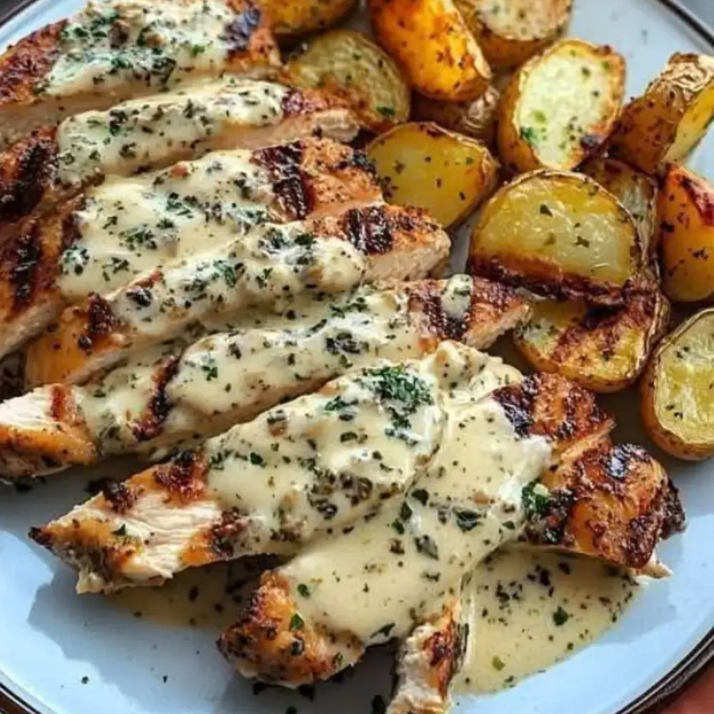 Double Parmesan Garlic Chicken Alfredo with Crispy Potatoes & Creamy Truffle Mushroom Pesto