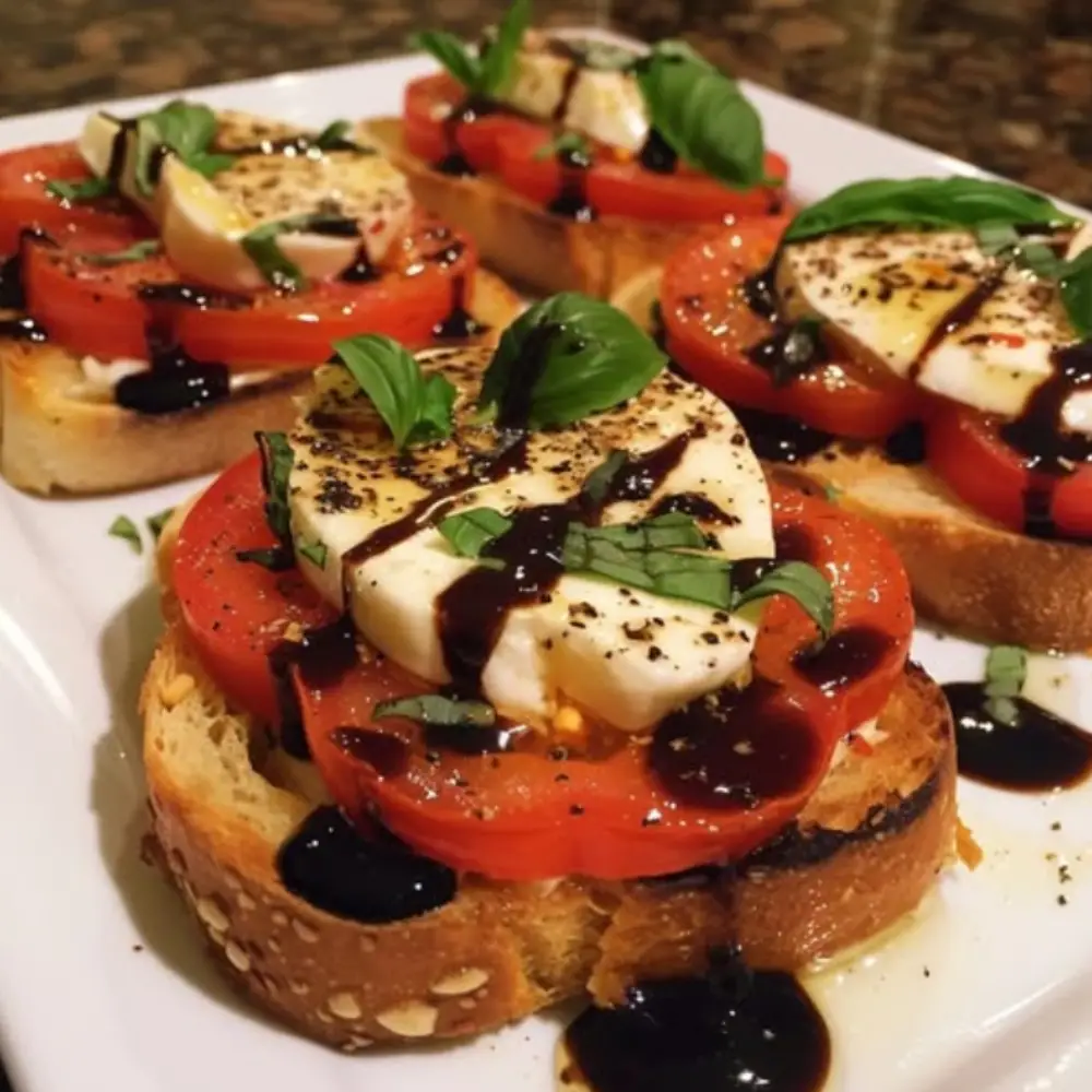 Caprese Bruschetta with Mozzarella, Tomato, Basil, and Balsamic Glaze