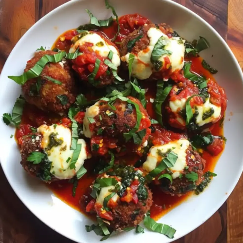 Mozzarella-Stuffed Meatballs with Tomato Sauce and Fresh Herbs