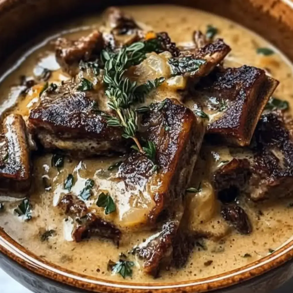 Tender Braised Short Ribs in a Rich Creamy Herb Sauce