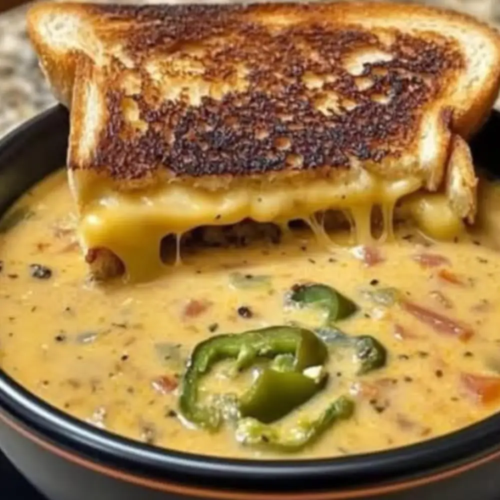 Spicy Jalapeño Popper Soup with Grilled Cheese Dippers