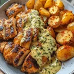 Tuscan Garlic Chicken with Crispy Potatoes & Creamy Roasted Red Pepper Pesto Alfredo