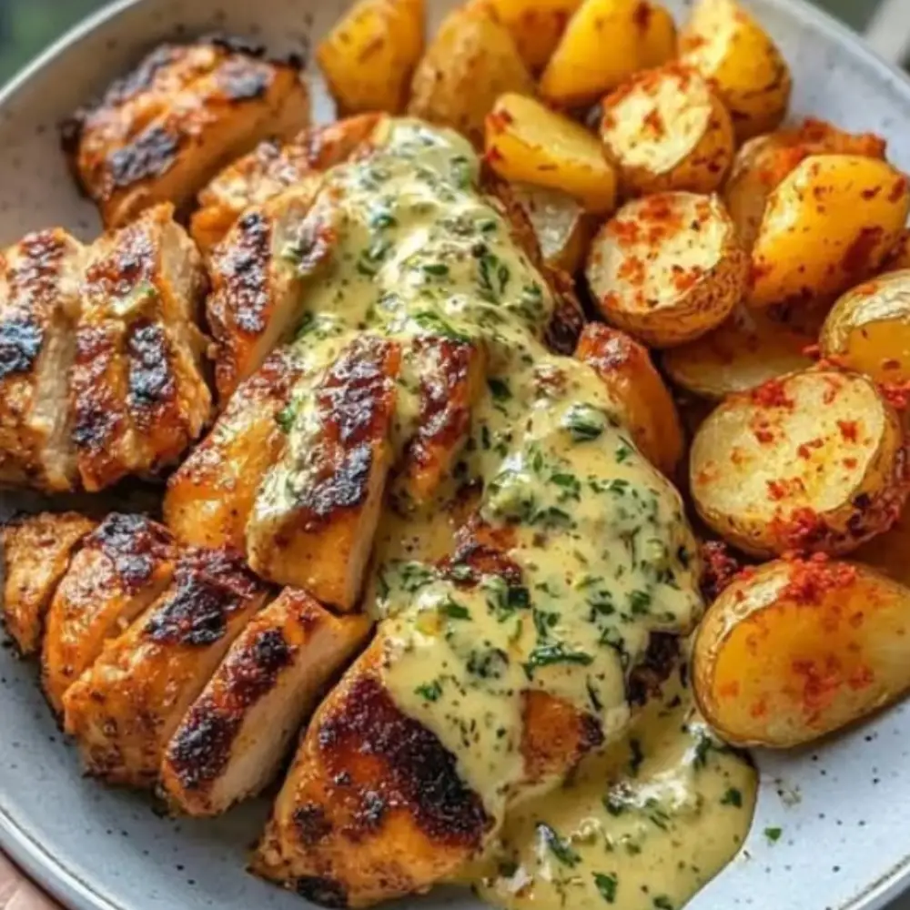 Tuscan Garlic Chicken with Crispy Potatoes & Creamy Roasted Red Pepper Pesto Alfredo