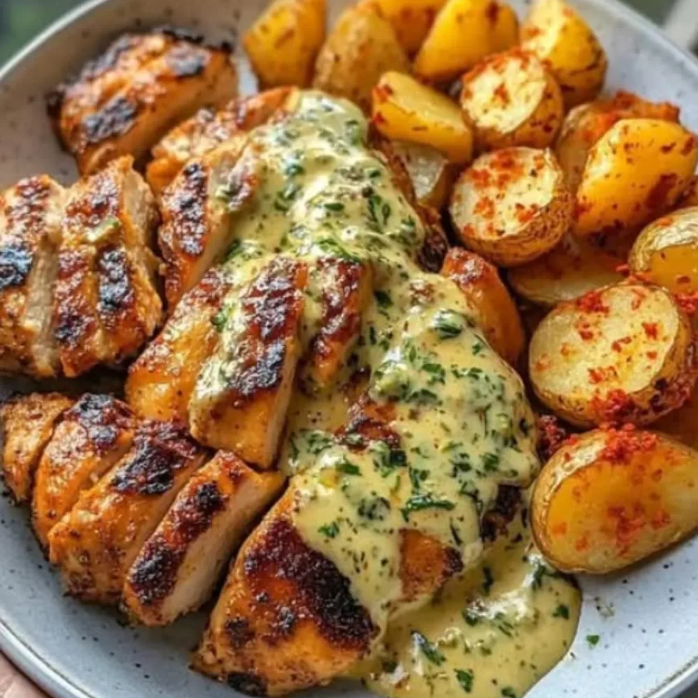 Tuscan Garlic Chicken with Crispy Potatoes & Creamy Roasted Red Pepper Pesto Alfredo