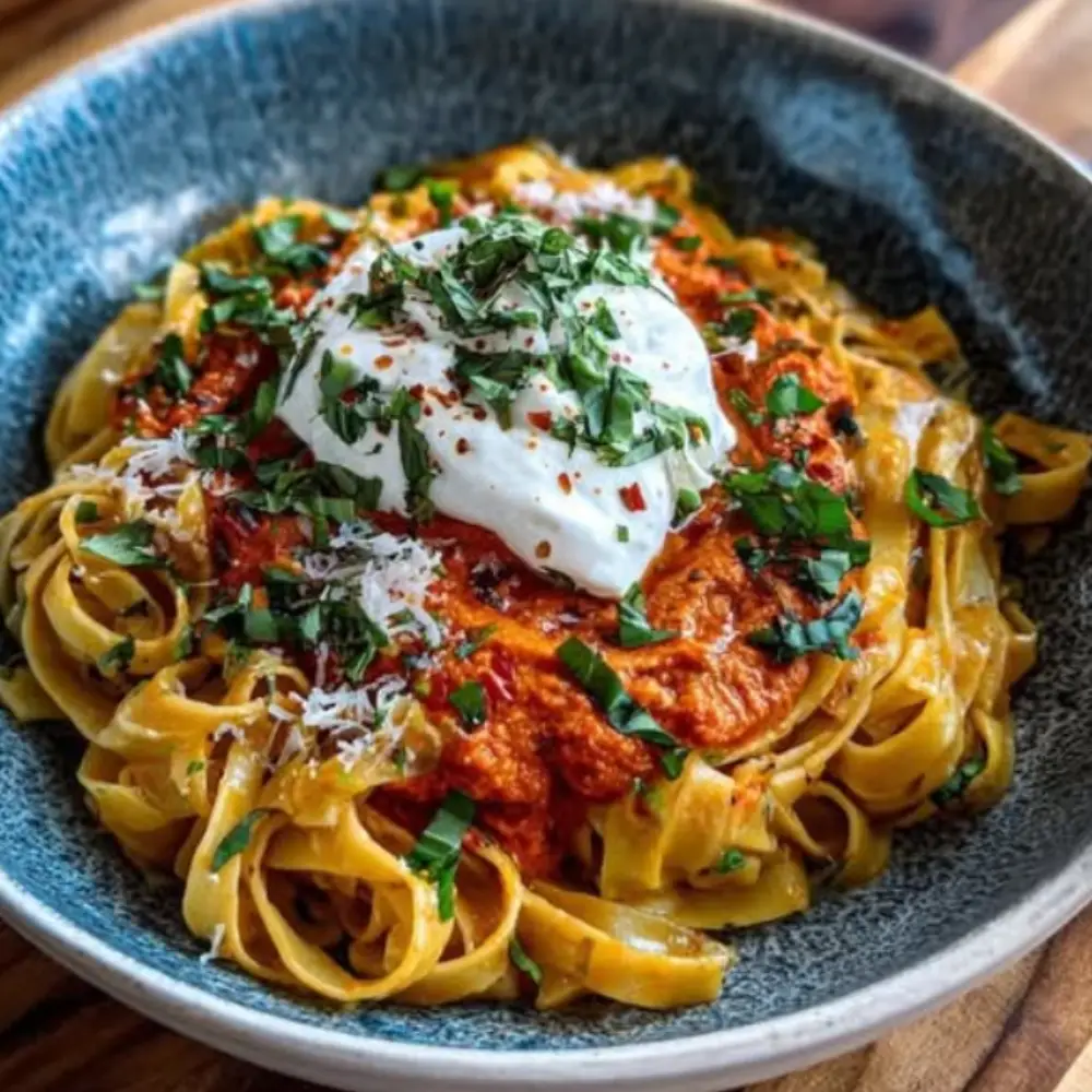 Lemon Burrata Pasta with Roasted Red Pepper Purée