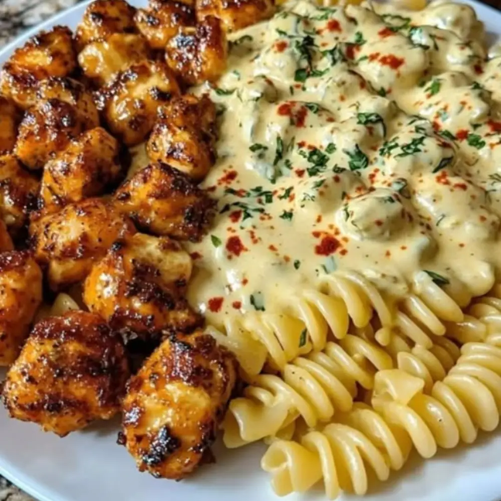 Garlic Butter Chicken Bites & Spicy Cajun Alfredo Twisted Pasta