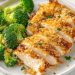 Golden, Crispy Parmesan Chicken Served with Fresh Steamed Broccoli