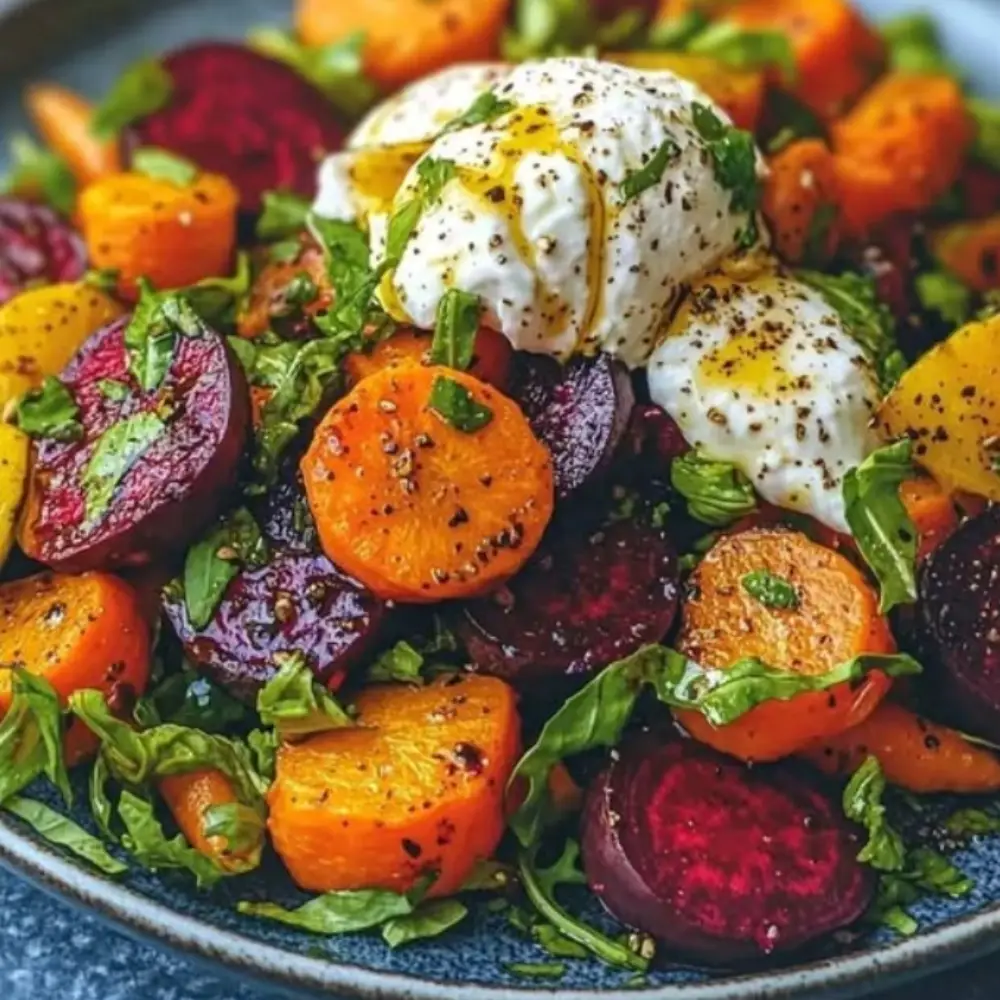 Roasted Beets and Carrots Salad with Burrata and Honey Balsamic Dressing
