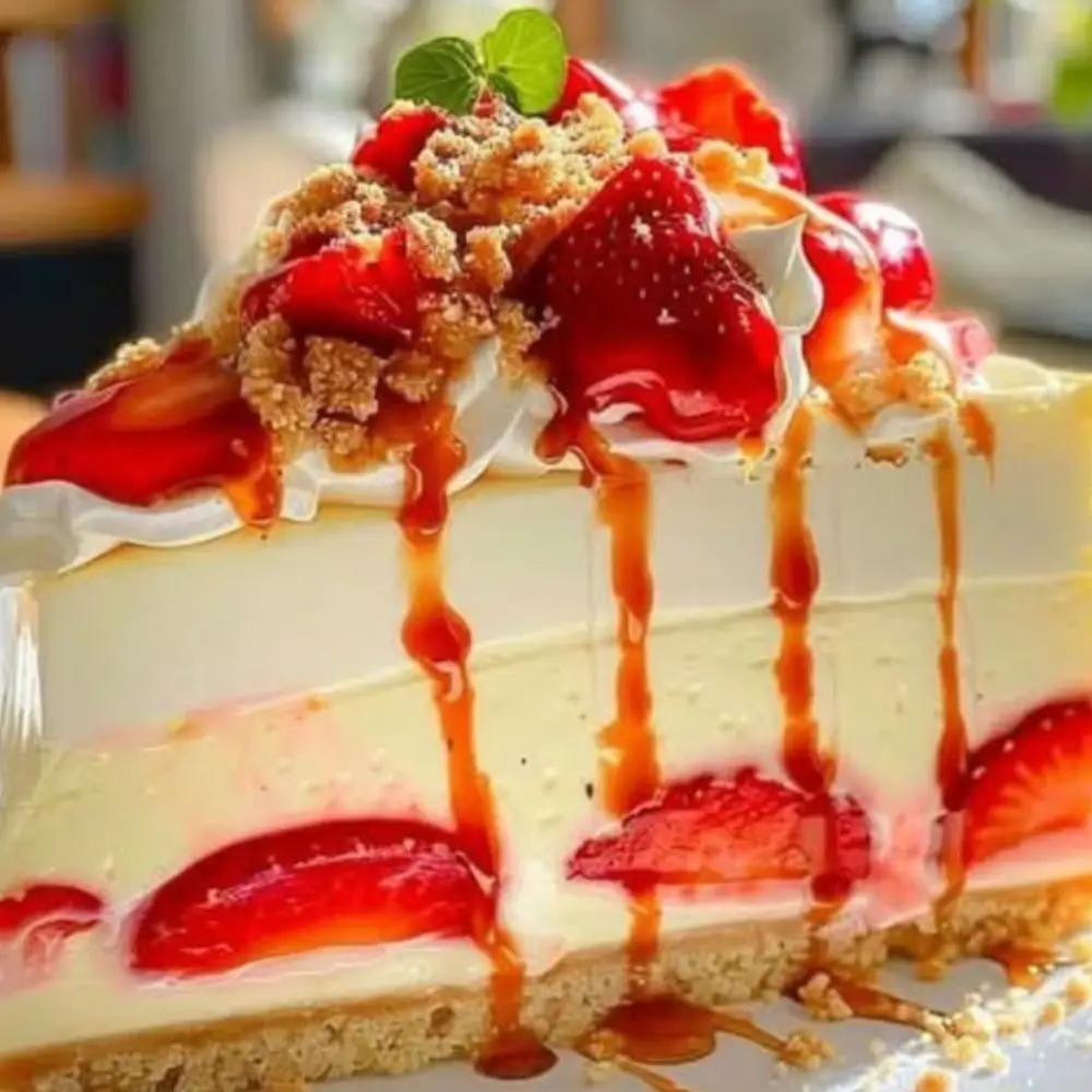 No Bake Strawberry Cream Cheesecake Slice With Caramel Drizzle