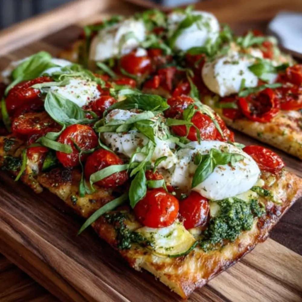 Mediterranean Veggie Flatbread with Burrata & Pesto