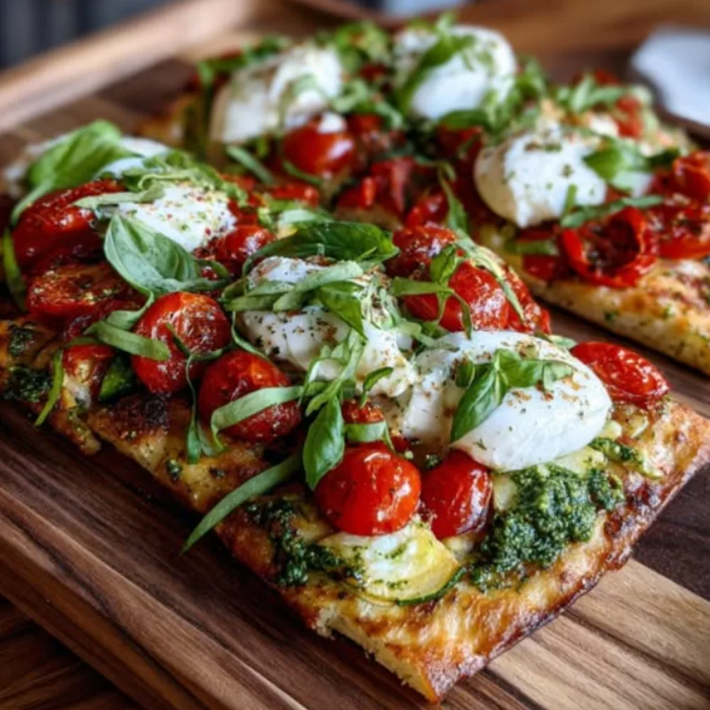 Mediterranean Veggie Flatbread with Burrata & Pesto