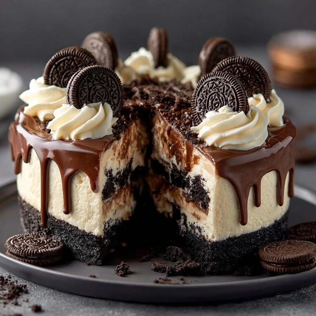 No-Bake Oreo Cheesecake with Chocolate Drip** Recipe 2 No-Bake Oreo Cheesecake with Chocolate Drip** Recipe - Recipe Image