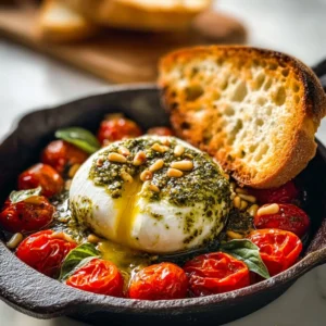 Skillet-Baked Burrata with Blistered Tomatoes and Pesto Recipe