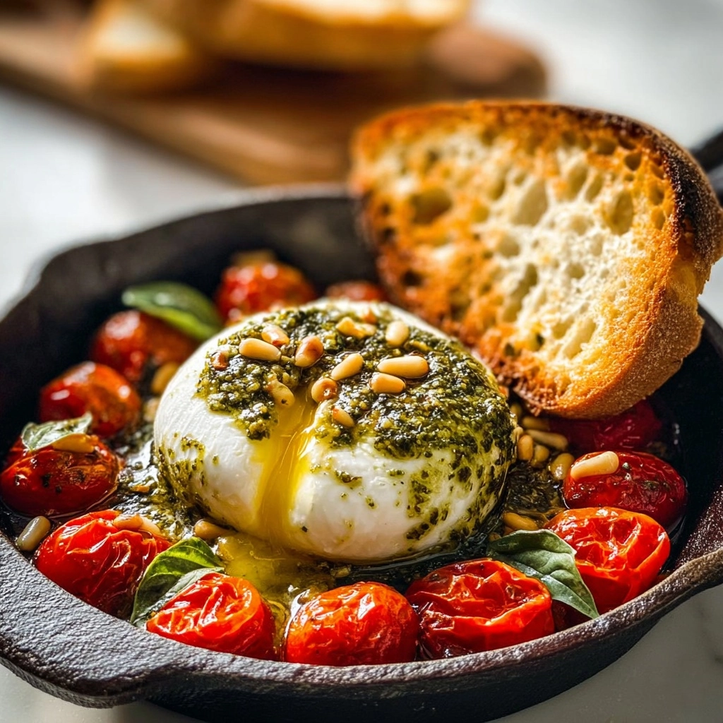 Skillet-Baked Burrata with Blistered Tomatoes and Pesto Recipe 3 Skillet-Baked Burrata with Blistered Tomatoes and Pesto Recipe - Recipe Image
