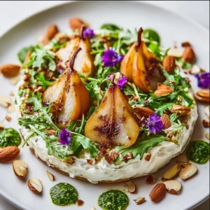 Whipped Ricotta with Roasted Pears & Arugula-Almond Pesto Recipe