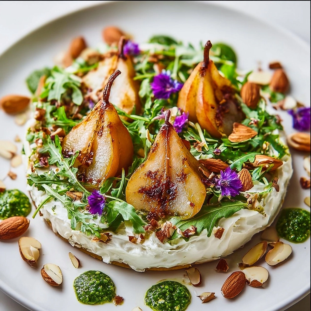 Whipped Ricotta with Roasted Pears & Arugula-Almond Pesto Recipe