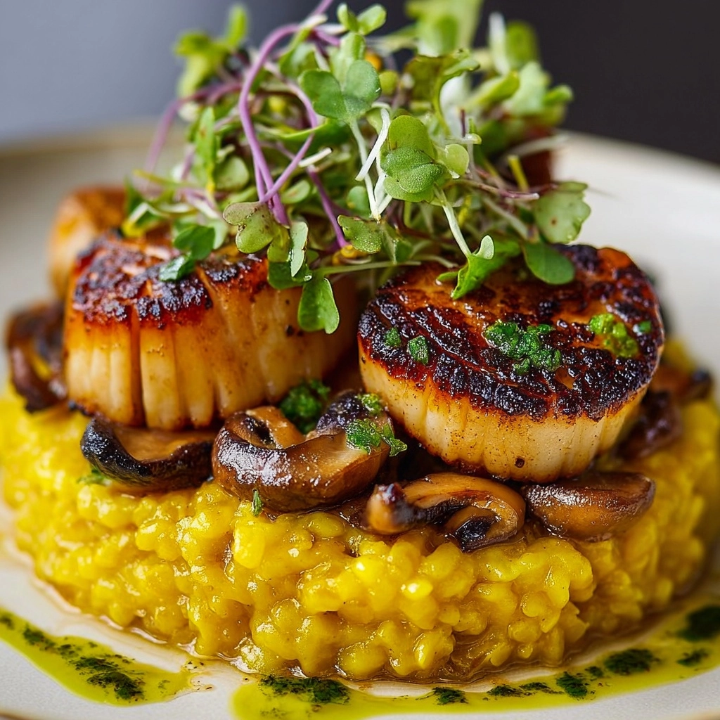 Seared “Mushroom Scallops” on Crispy Saffron Risotto Cake Recipe