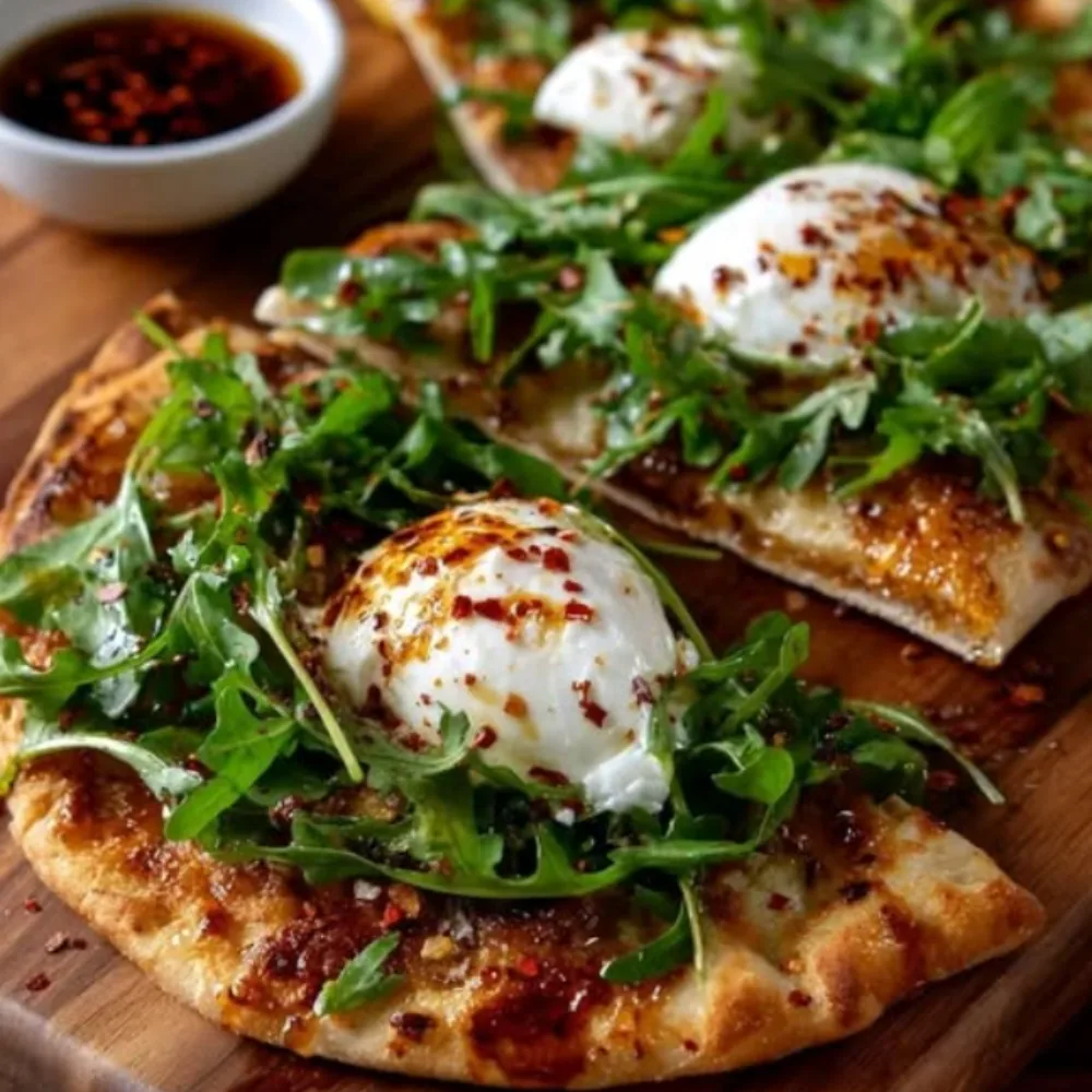 Spicy Burrata Pita with Chili Honey & Arugula