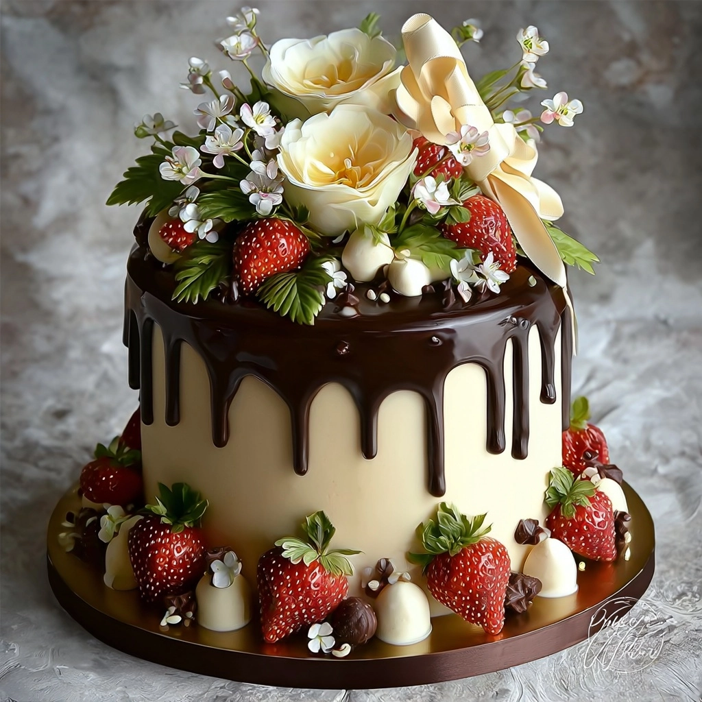 Chocolate Drip Strawberry Celebration Cake Recipe
