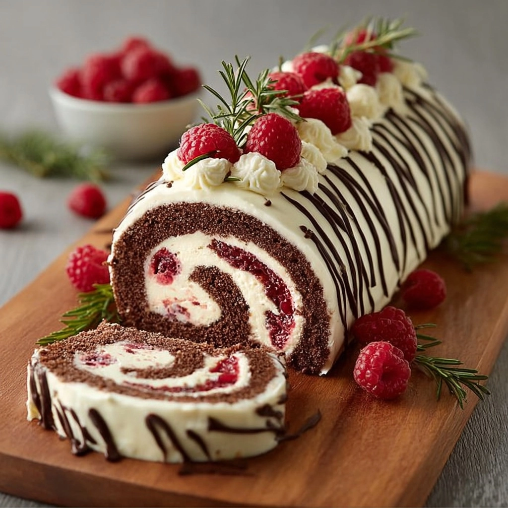 Chocolate Raspberry Swiss Roll with Cream Cheese Frosting Recipe - Recipe Image