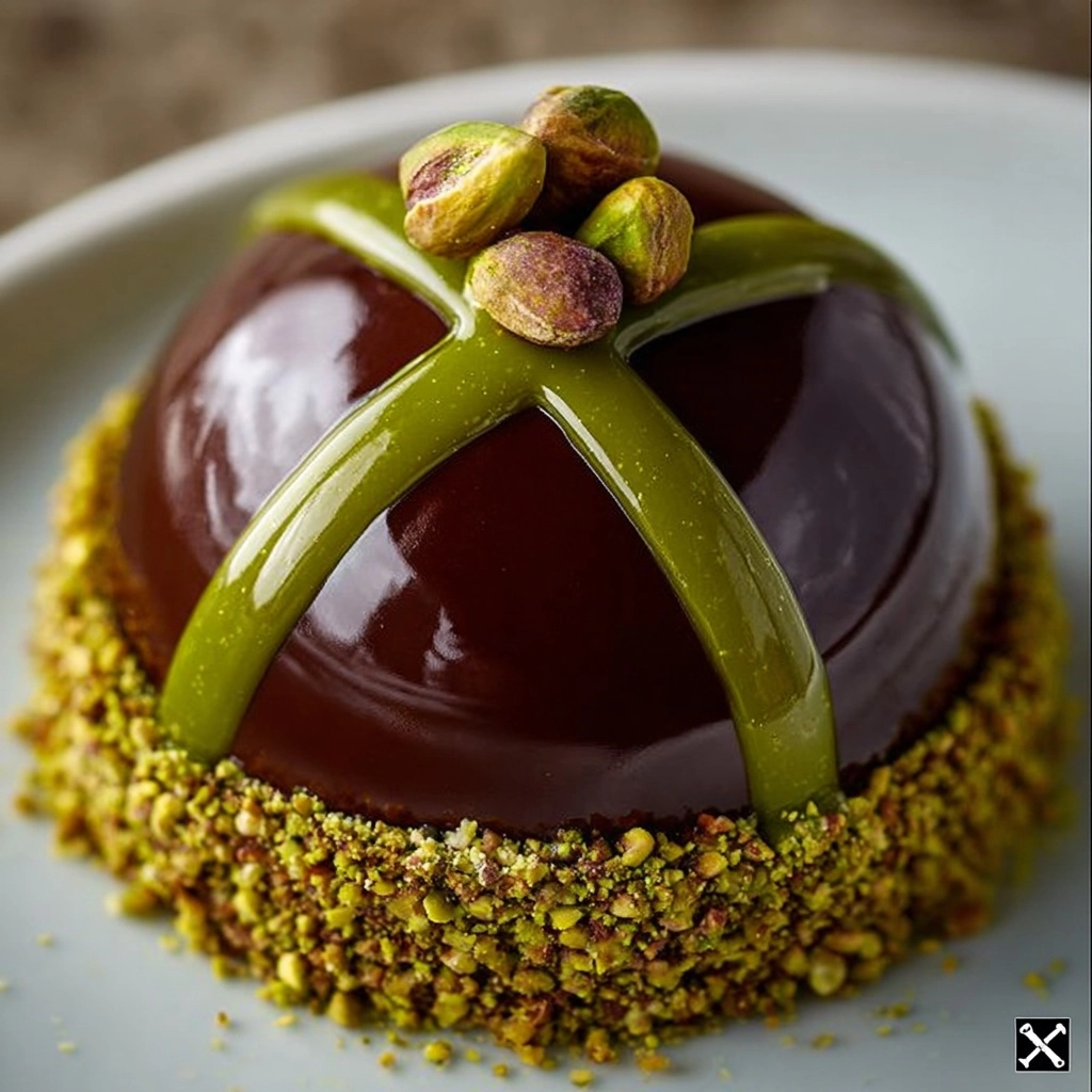 Chocolate Pistachio Dome Dessert with Mirror Glaze Recipe - Recipe Image