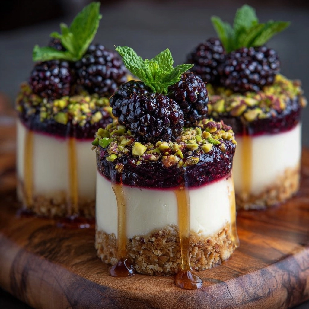 Blackberry Pistachio Cheesecake Towers with Nut Crumble Recipe 3 Blackberry Pistachio Cheesecake Towers with Nut Crumble Recipe - Recipe Image
