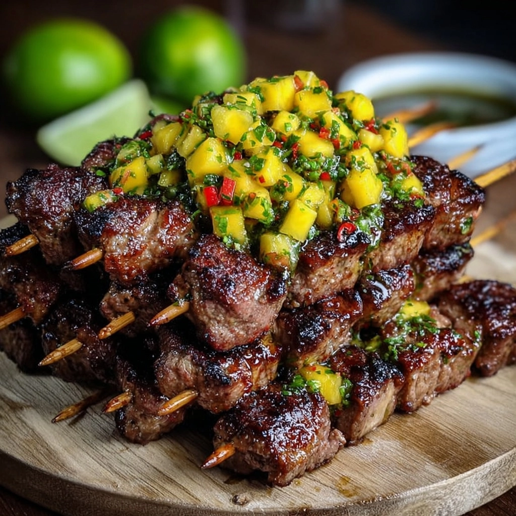 Jamaican Jerk Pork Skewers with Mango Salsa Recipe - Recipe Image