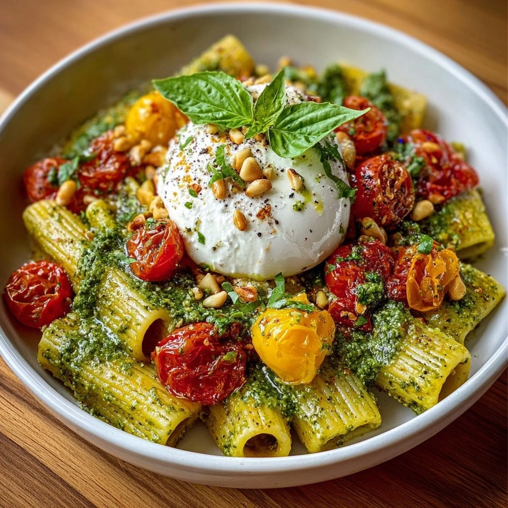 Lemon Pesto Rigatoni with Burrata & Roasted Pine Nuts Recipe - Recipe Image