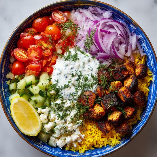 Greek Chicken Souvlaki Bowls with Tzatziki Recipe