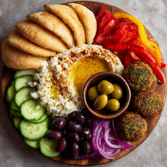 Mediterranean Rainbow Mezze Board with Whipped Garlic Feta Recipe - Recipe Image