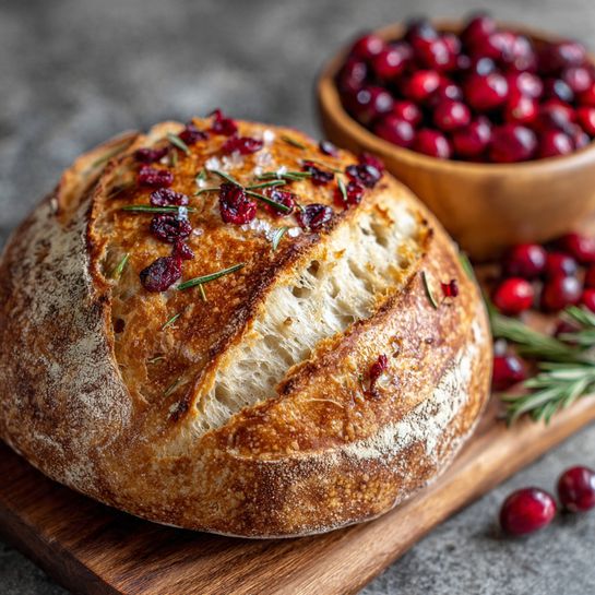 No-Knead Rosemary Cranberry Bread with Olive Oil & Sea Salt Recipe