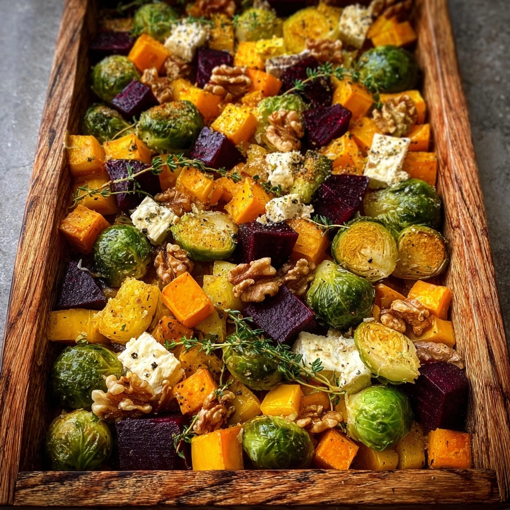 Maple-Roasted Squash & Brussels Sprouts with Feta & Walnuts Recipe - Recipe Image