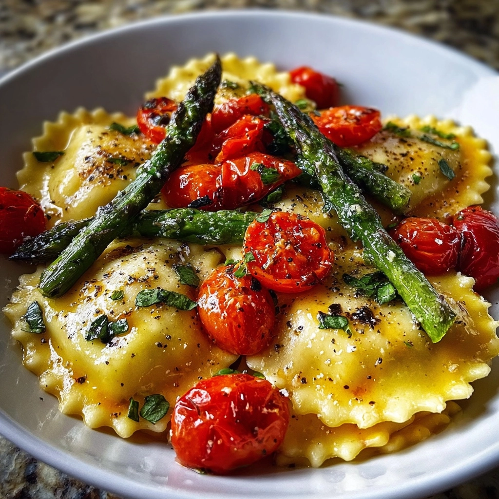 Ravioli with Tomatoes, Asparagus, Garlic, and Herbs Recipe