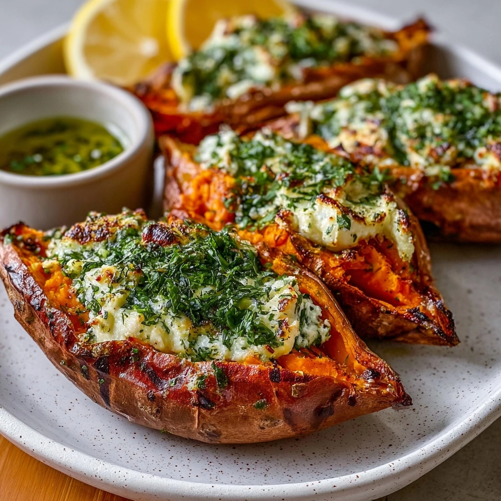 Spinach & Ricotta Stuffed Sweet Potatoes with Herb Drizzle Recipe - Recipe Image