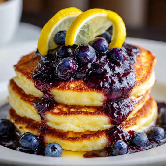 Lemon Ricotta Pancakes with Blueberry Syrup Recipe