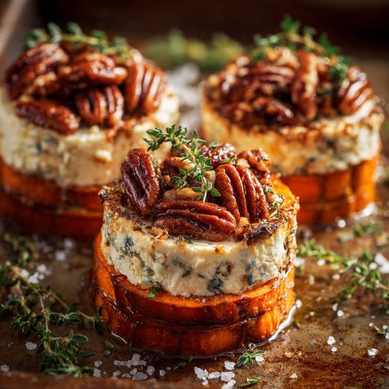 Sweet Potato Rounds with Whipped Feta & Pecan Crunch Recipe 3 Sweet Potato Rounds with Whipped Feta & Pecan Crunch Recipe - Recipe Image