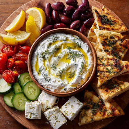 Flatbread with Feta, Zucchini & Lemon-Garlic Yogurt Recipe - Recipe Image