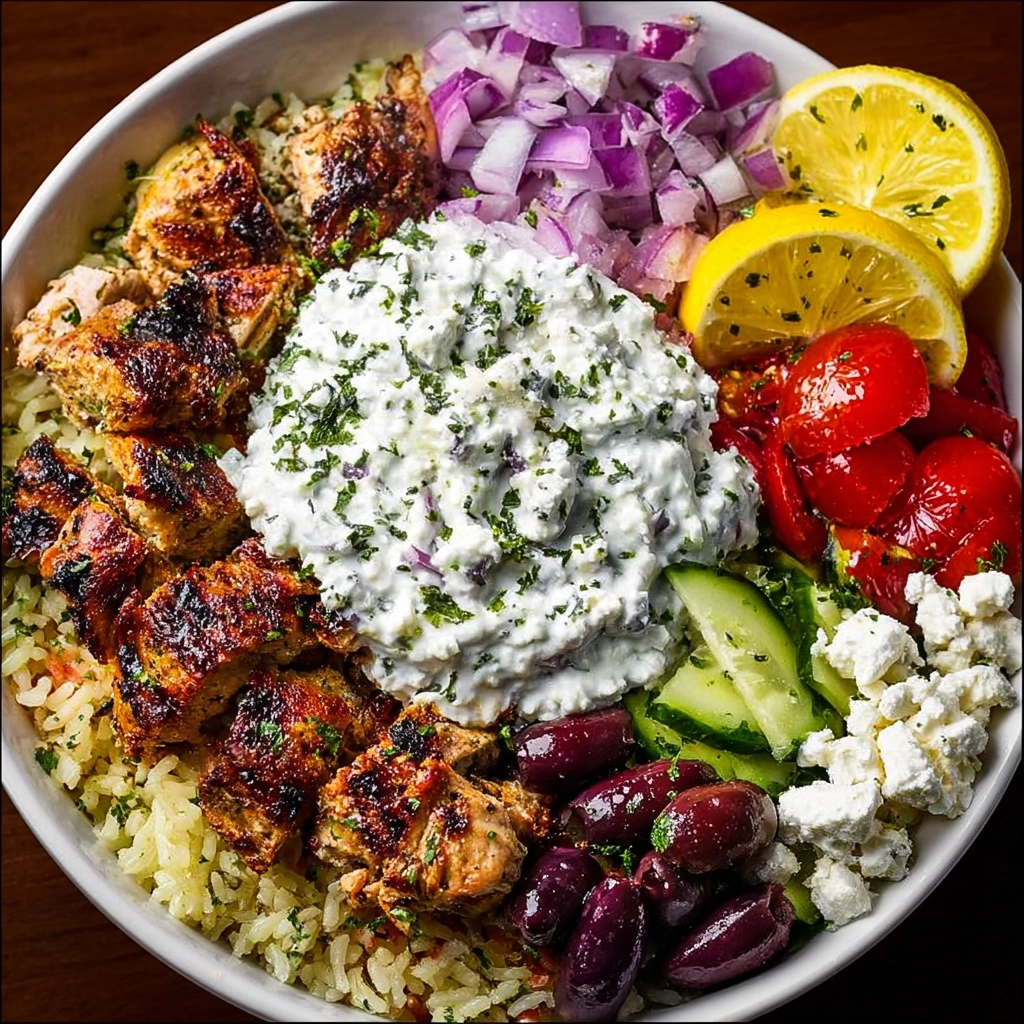 Greek Chicken Souvlaki Bowls with Garlic Yogurt Sauce Recipe - Recipe Image