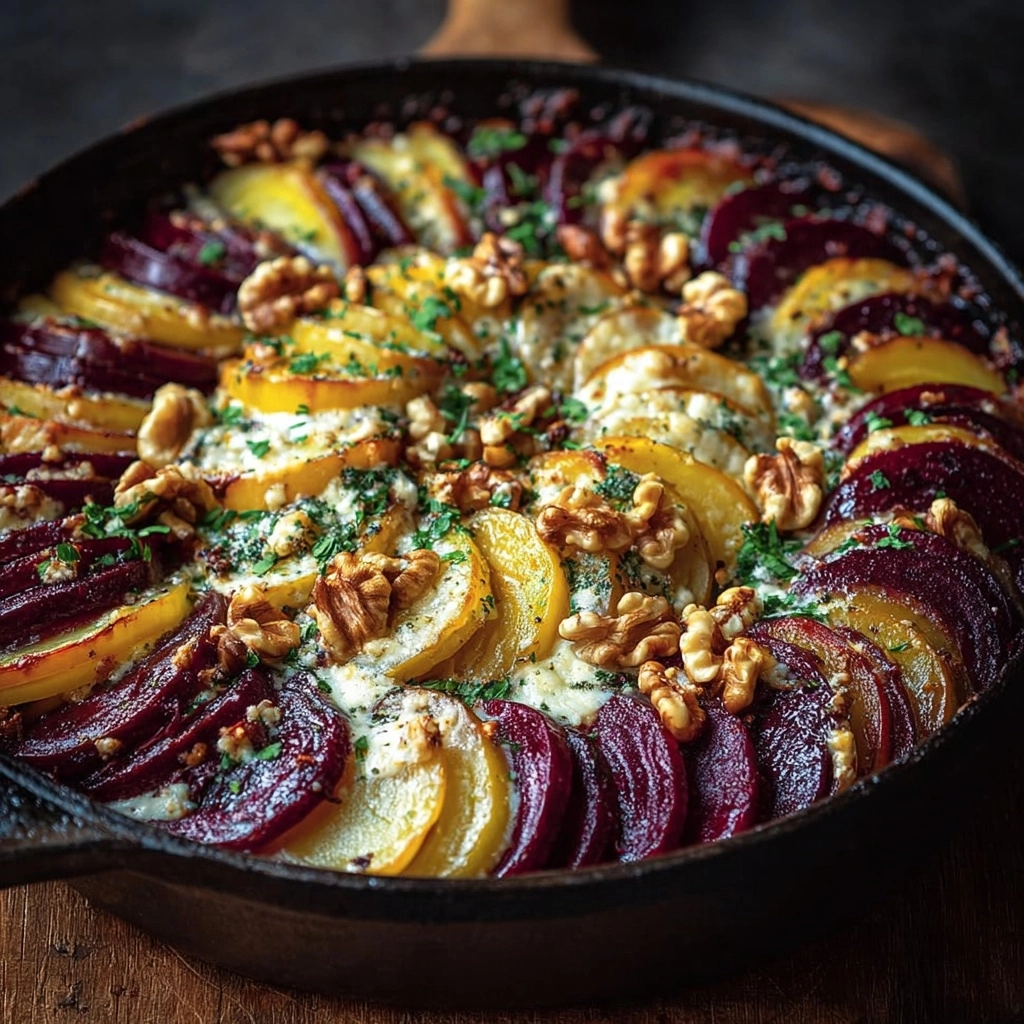 Layered Beet & Potato Gratin with Feta & Walnuts Recipe 3 Layered Beet & Potato Gratin with Feta & Walnuts Recipe - Recipe Image