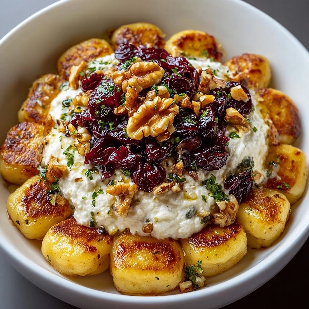 Crispy Gnocchi with Whipped Feta, Cranberries & Chili Honey Recipe