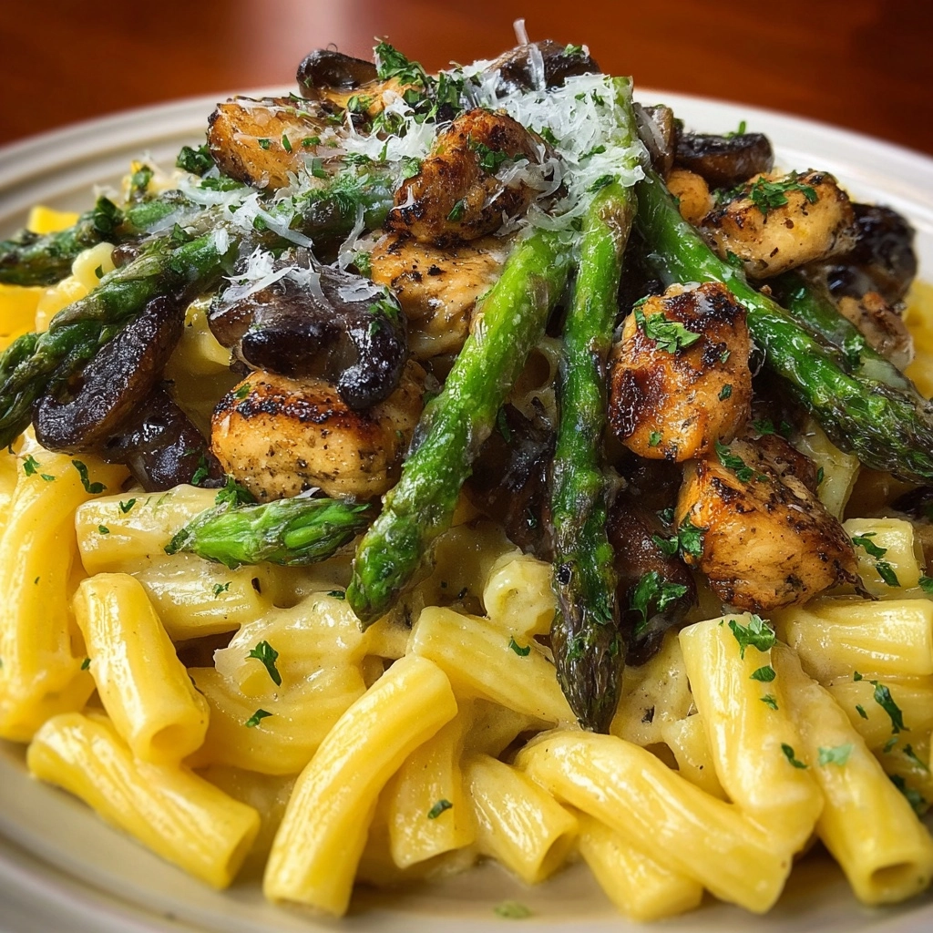 Silky Parmesan Chicken Penne with Mushrooms & Asparagus Recipe